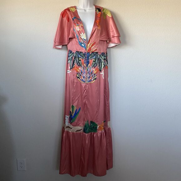 Pink Satin Button Up Maxi Ruffle Sleeve Tiered Dress M Tropical Animal Print Art